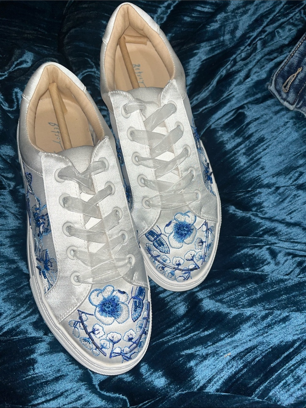 Betsey Johnson White Satin Sneakers with Blue Floral Embroidery